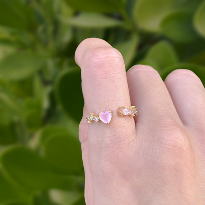 Anillo Corazón Rosa Zirconias Ajustable Chapa de Oro