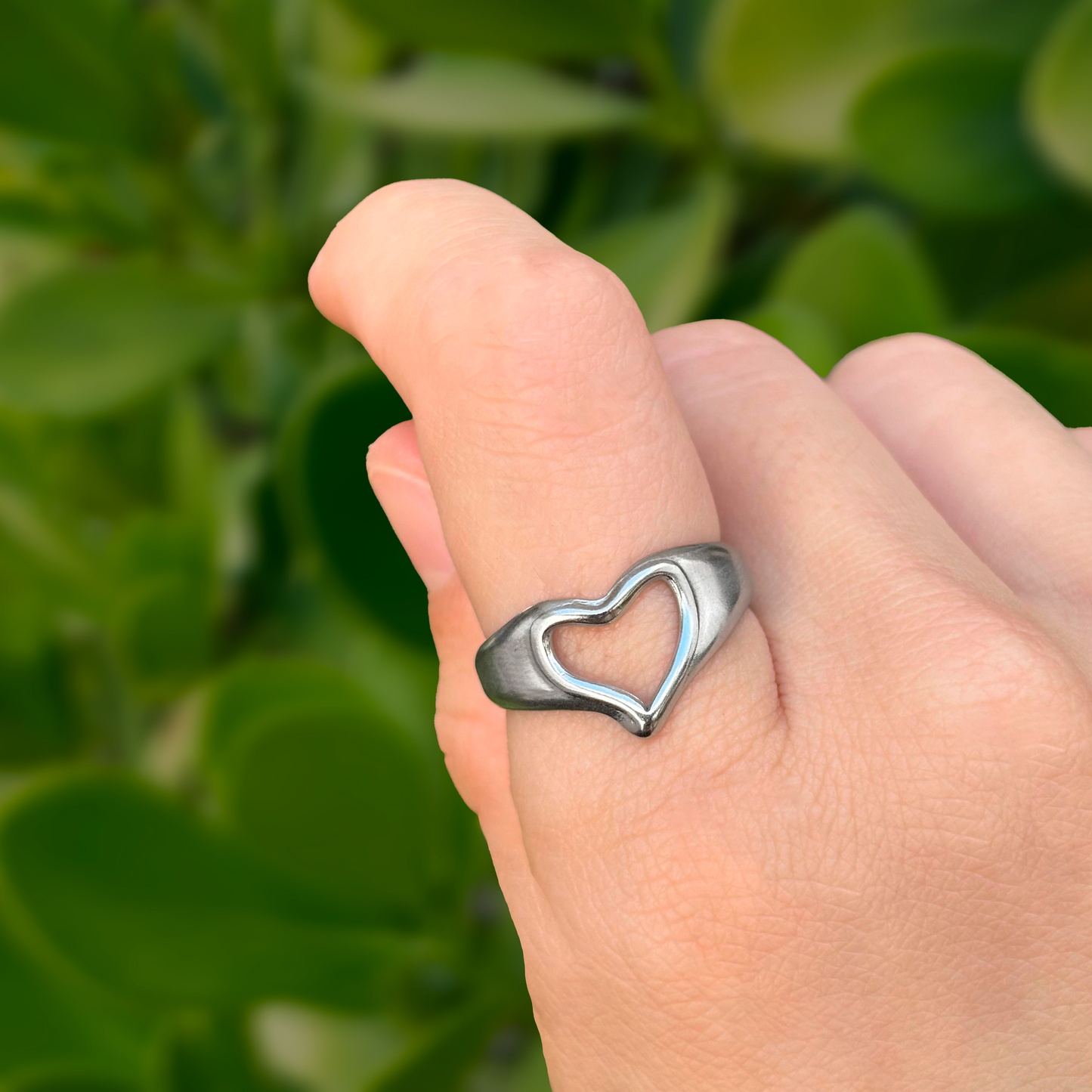 Anillo Plateado Corazón Ajustable Acero Inoxidable Li4