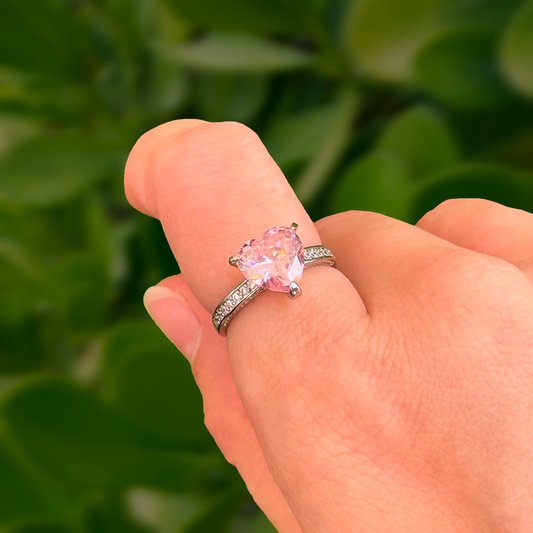 Anillo Plateado Corazón Rosa Chapa de Oro