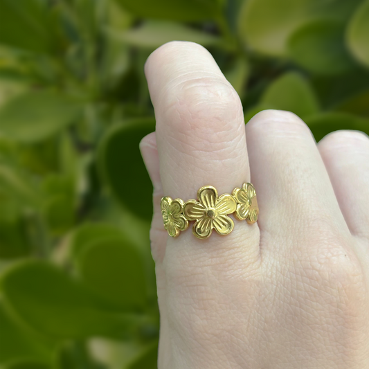 Anillo Flor Dorado Acero Inoxidable Ajustable 1B6