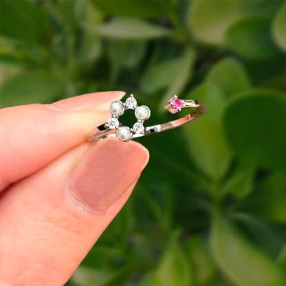 Anillo Flor Plateado Perlitas Ajustable Chapa de Oro Az180