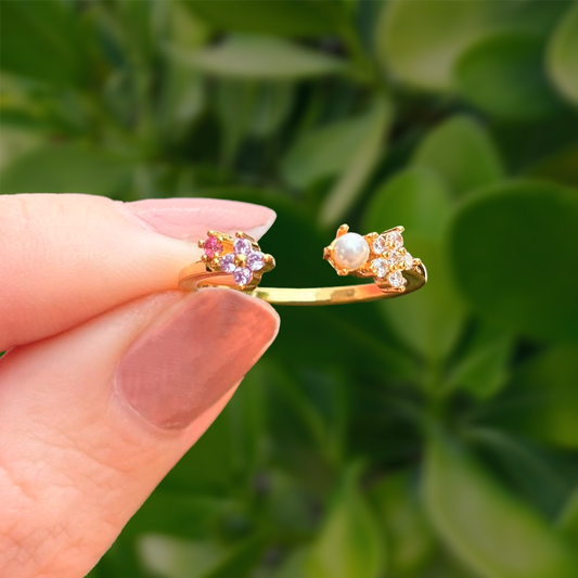 Anillo Dorado Perla y Zirconias Ajustable Chapa de Oro Az78