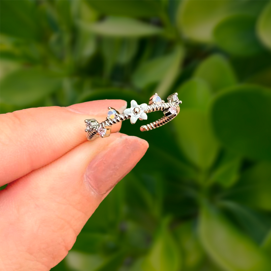Anillo Plateado Flor y Zirconia Ajustable Chapa de Oro Az154
