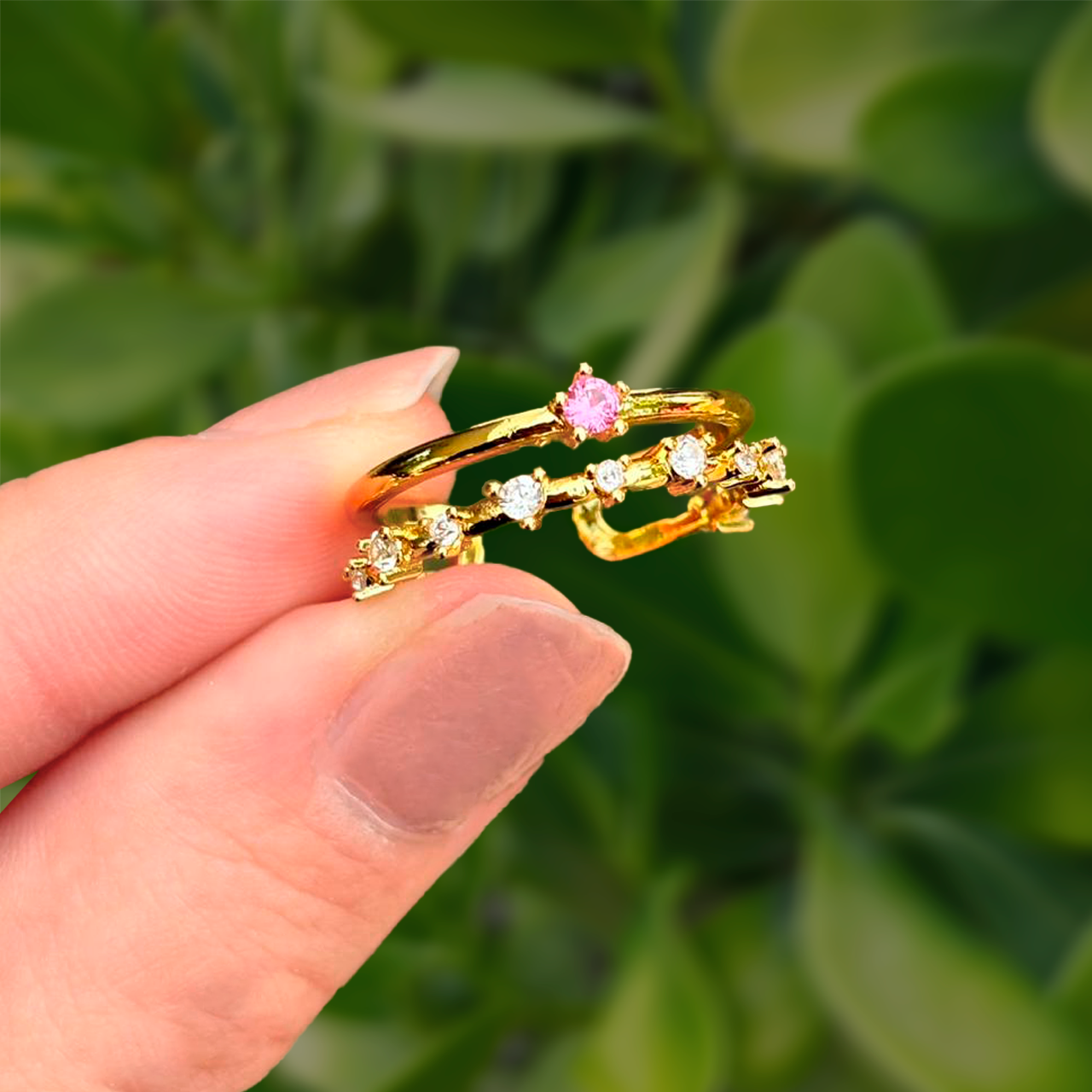 Anillo Doble Dorado Zirconias Ajustable Chapa de Oro Az182