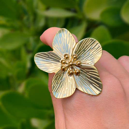 Anillo Gran Flor Dorada  Acero Inoxidable 1R2