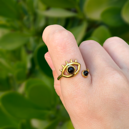 Anillo Dorado Ojo Negro Ajustable Acero Inoxidable R26