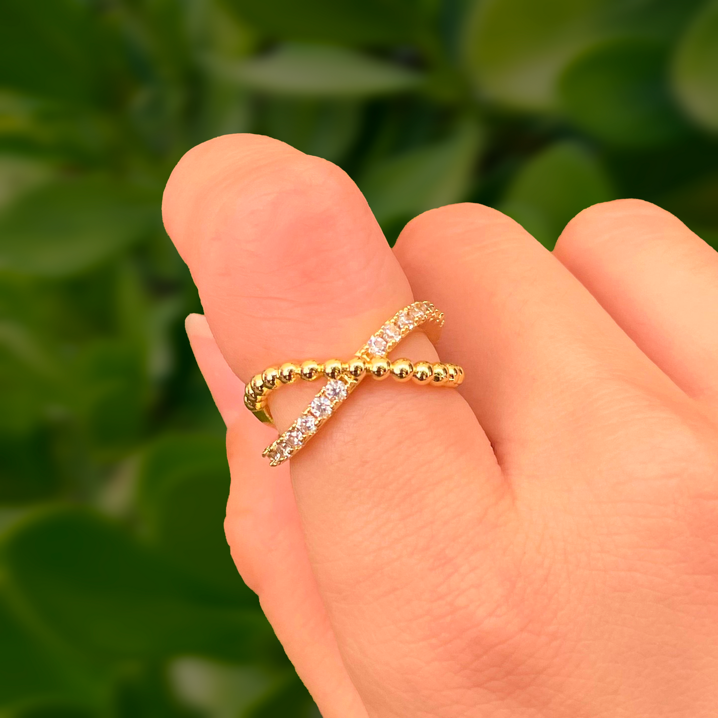 Anillo Cruzado Ajustable Chapa de Oro C632