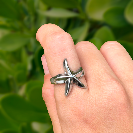 Anillo Plateado Estrella de Mar Ajustable Acero Inoxidable 2D6