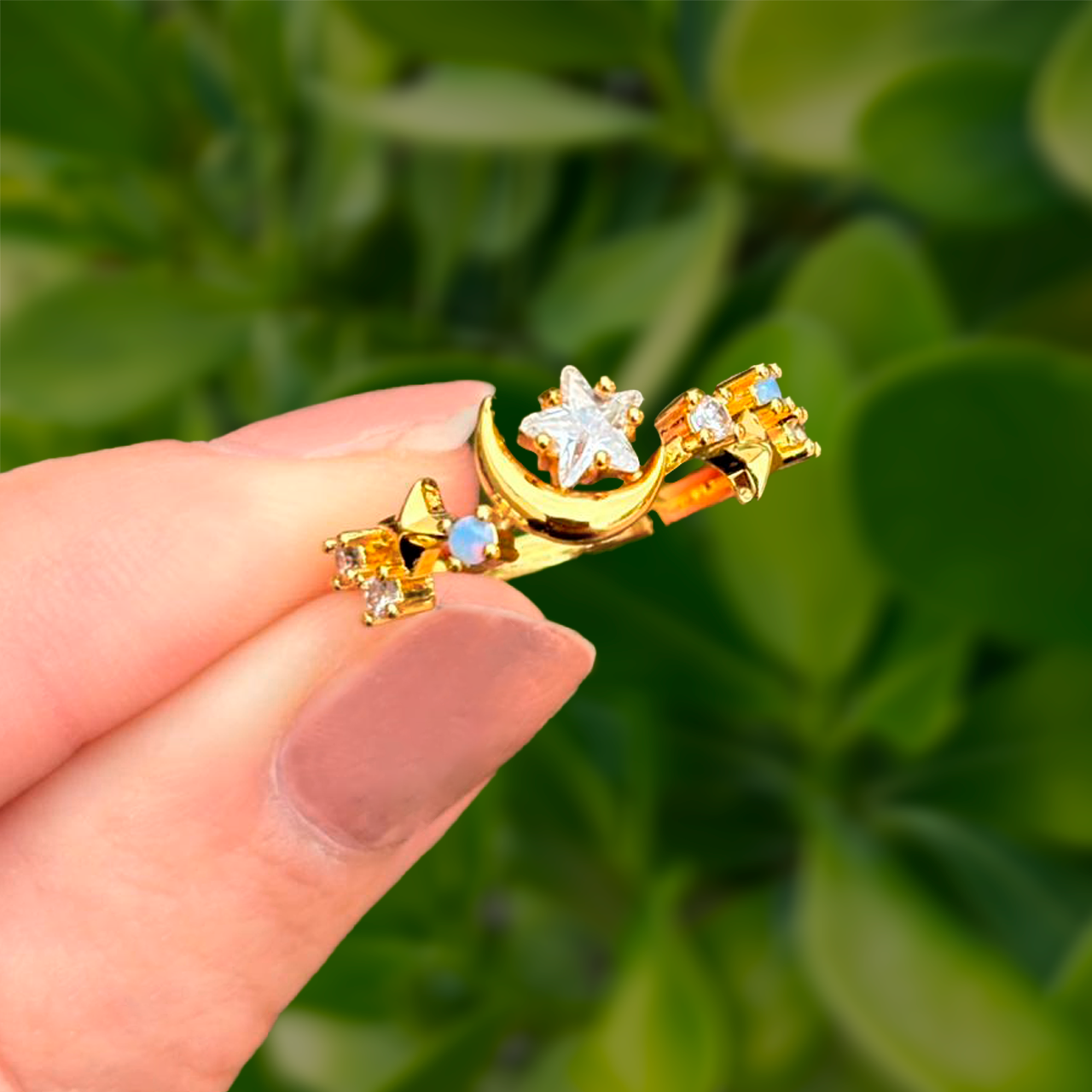 Anillo Dorado Luna y Estrella con Zirconias Ajustable Chapa de Oro Az197