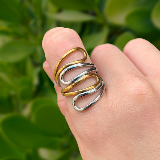 Anillo Irregular Oro - Plata Ajustable Acero Inoxidable 1E4