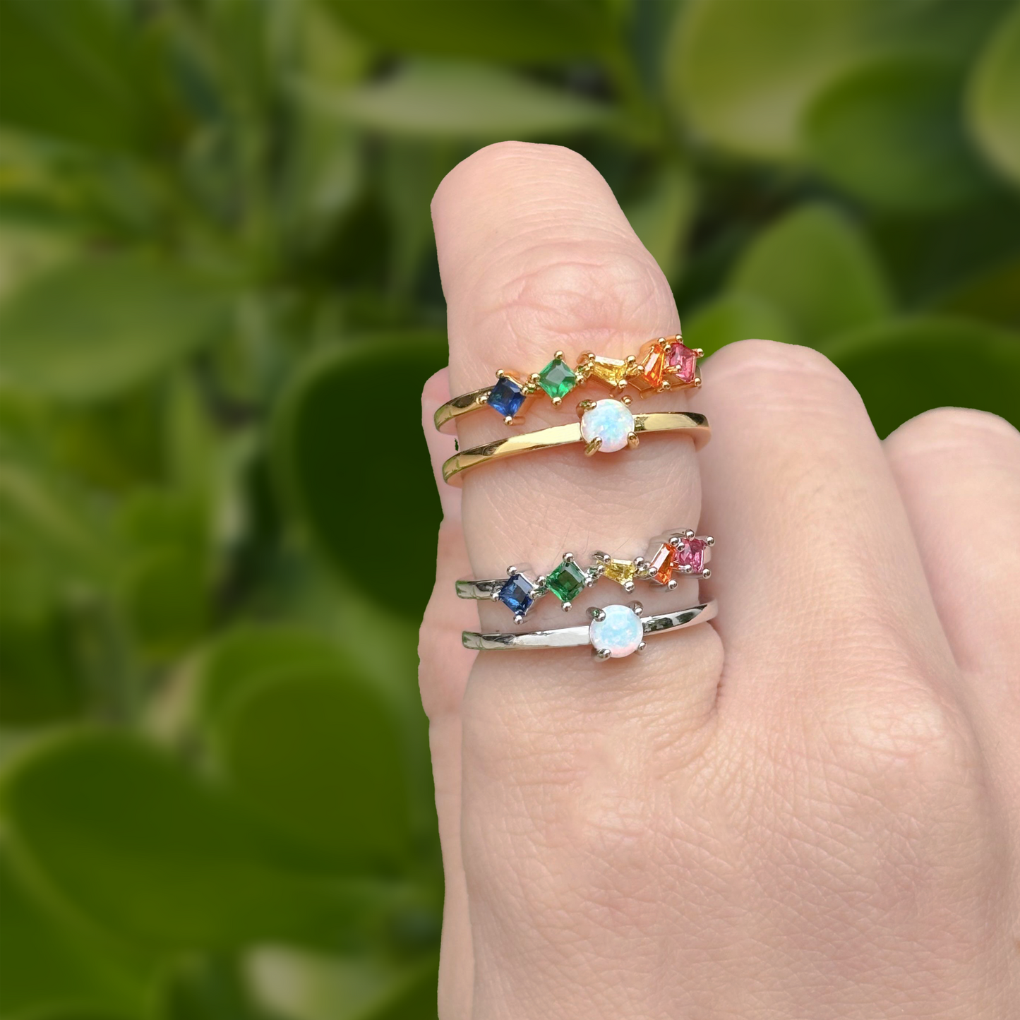 Anillo Zirconia de Colores con Perla Ajustable Chapa de Oro