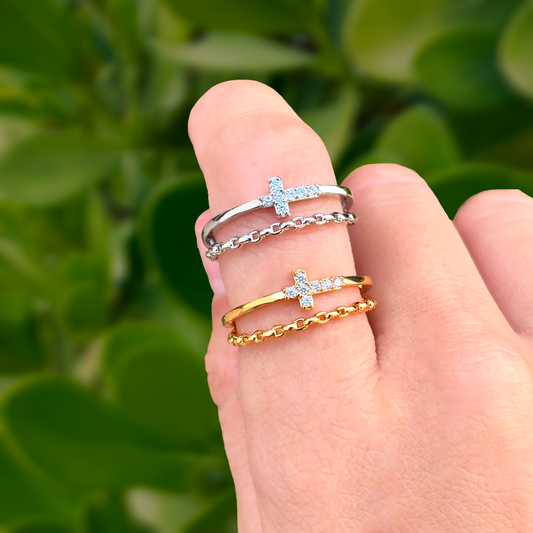 Anillo Cruz Zirconias Doble Fila Ajustable Chapa de Oro