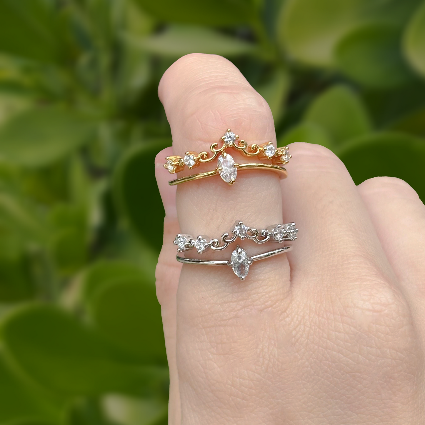 Anillo Doble Con Zirconias Ajustable Chapa de Oro