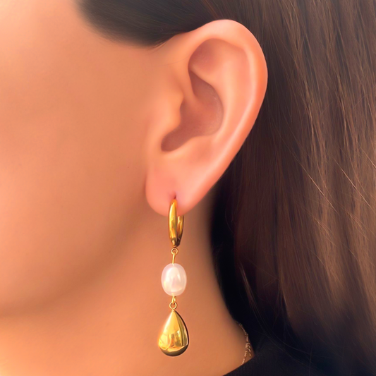 Aretes Dorados Gota de Perla Acero Inoxidable 1N2