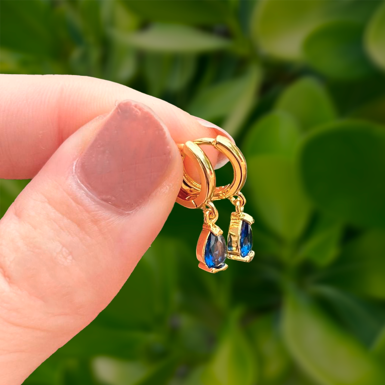 Aretes Hoops Gota Azul Chapa de Oro Az426