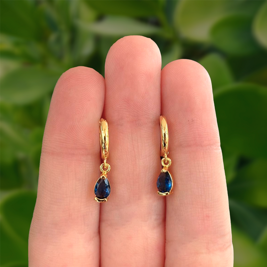 Aretes Dorados Gota de Zirconia Azul Chapa de Oro Az426