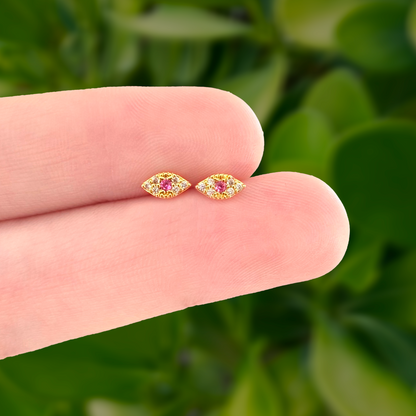 Aretes Ojo Rosa Chapa de Oro Az259