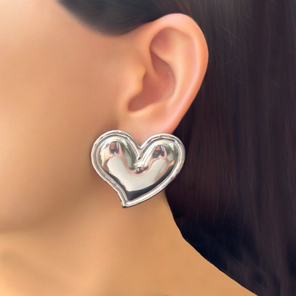 Aretes Plateados Gran Corazón Acero Inoxidable 1X1