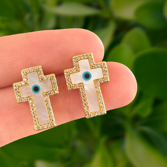 Aretes Cruz Ojo Chapa de Oro AZ76