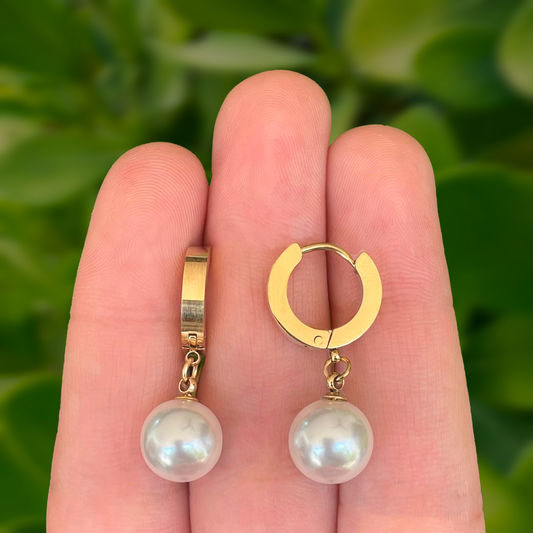 Aretes Arracada Dorada Perla Acero Inoxidable 1u7
