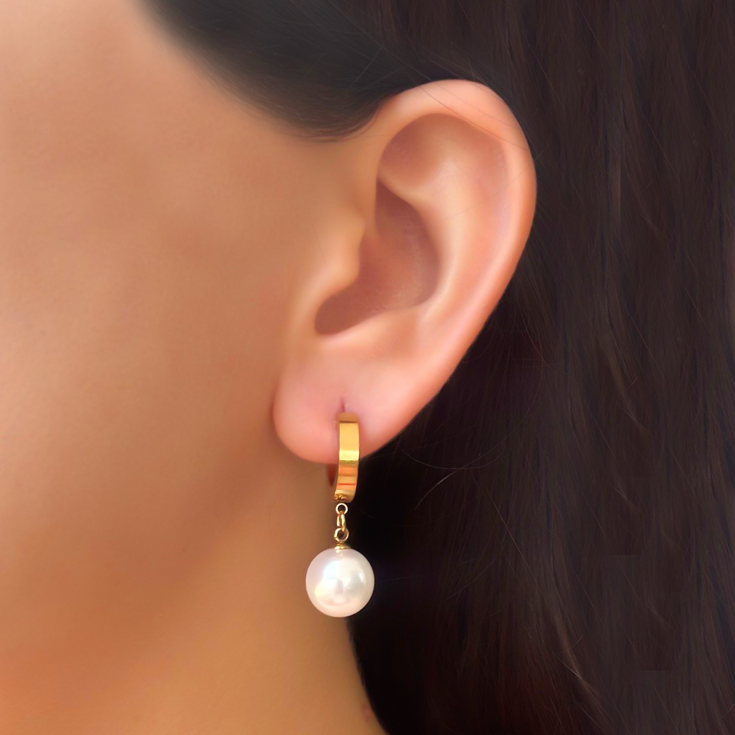Aretes Arracada Dorada Perla Acero Inoxidable 1u7