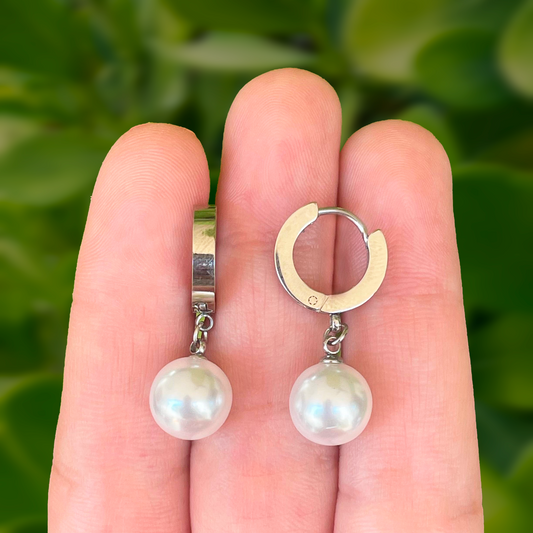 Aretes Arracada Plateada Perla Acero Inoxidable 1W3