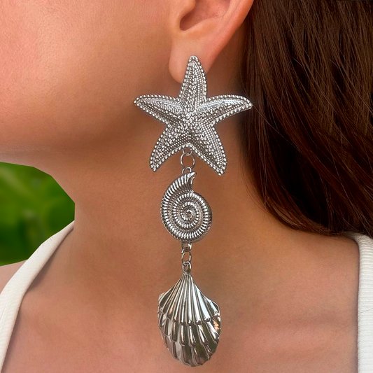 Aretes Plateados Gran Estrella Concha Caracol 2D3