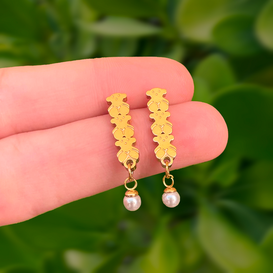 Aretes Oso Dorado con Perla Acero Inoxidable 1C5