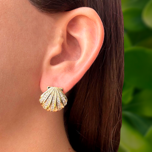 Aretes Dorados Concha Brillante Chapa de Oro 2B1
