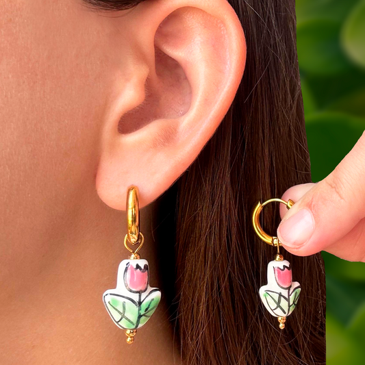 Aretes Flor Cerámica Acero Inoxidable 1W1