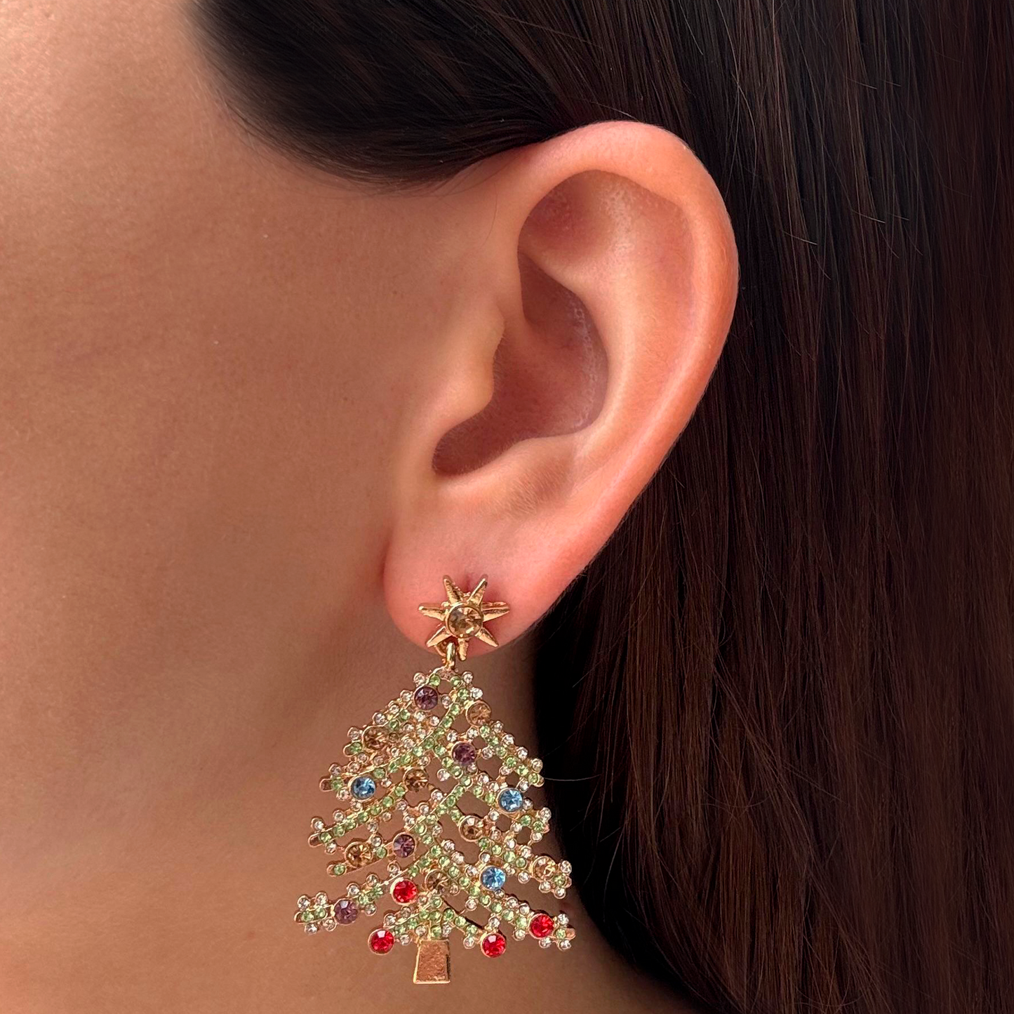 Aretes Dorados Arbolito Navidad Brillante