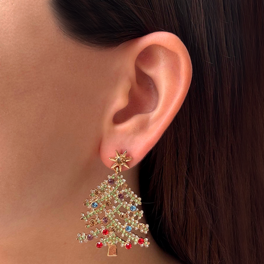 Aretes Dorados Arbolito Navidad Brillante