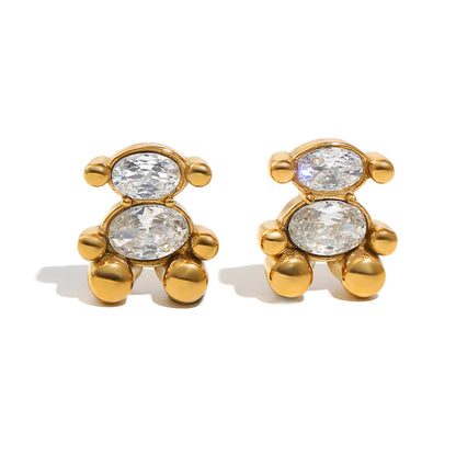 Aretes Osito Dorado con Zirconias Blancas Acero Inoxidable