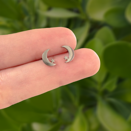 Aretes Plateados Mini Luna Estellita  Acero Inoxidable 1Y2