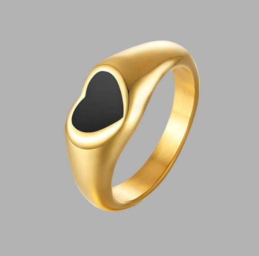 Anillo Dorado Corazón Negro Acero Inoxidable