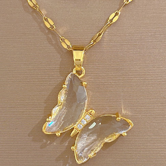 Collar Mariposa de Cristal Acero Inoxidable  1P8