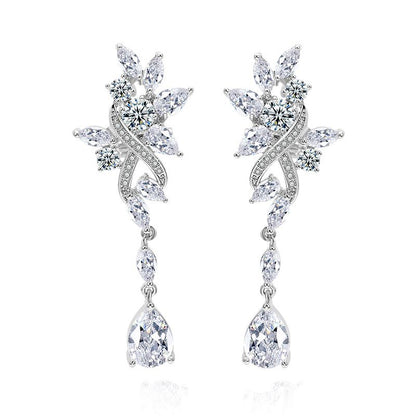 Aretes Plateados Largos con Zirconias Chapa de Oro