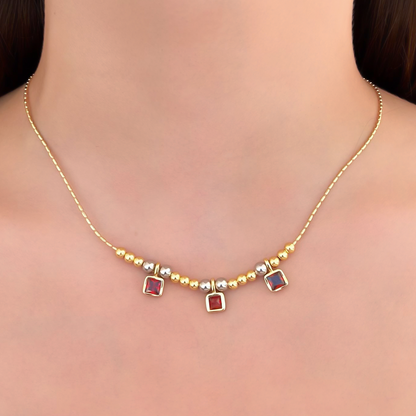 Collar Dorado Bolitas y Cuadritos Rojos Chapa de Oro C683