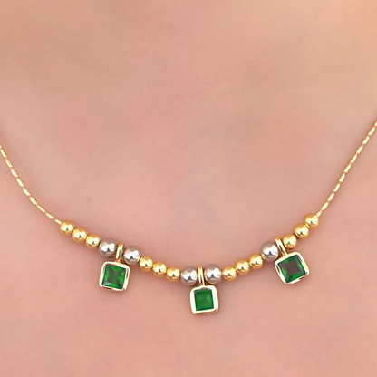 Collar Dorado Bolitas y Cuadritos Verde Chapa de Oro C643
