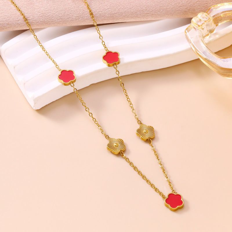 Collar Dorado Trebol Rojo Acero Inoxidable