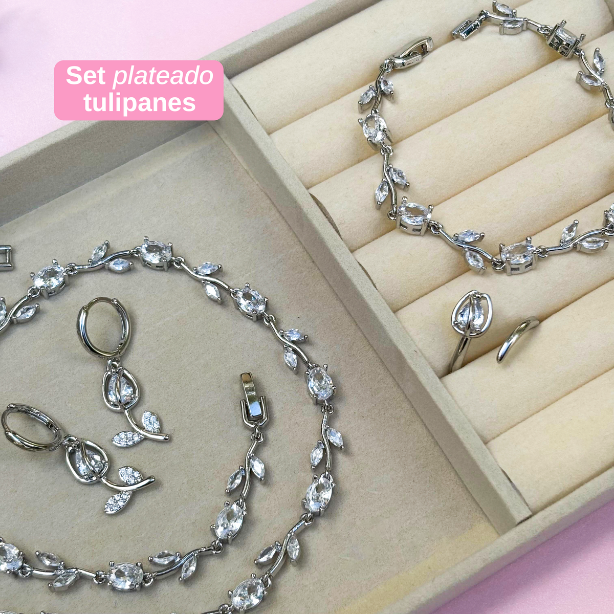 Collar Pulsera Aretes Anillo Tulipanes Plateados
