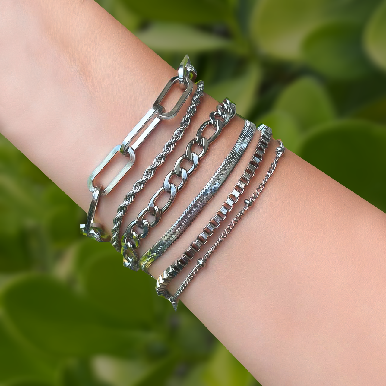 Set 6 Pulseras Cadenas Plateadas Acero Inoxidable