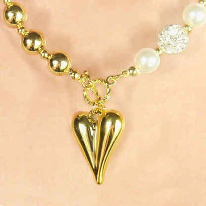 Collar Perlas Blancas y Doradas Corazon 2BB8