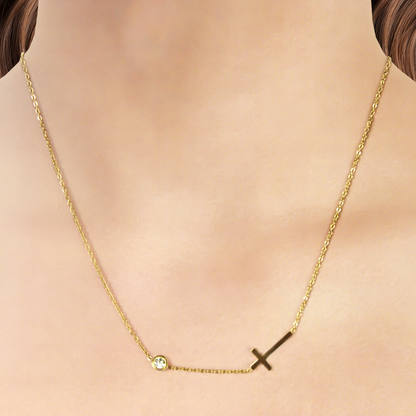 Collar Dorado Cruz Acostada  y Zirconia  2R5