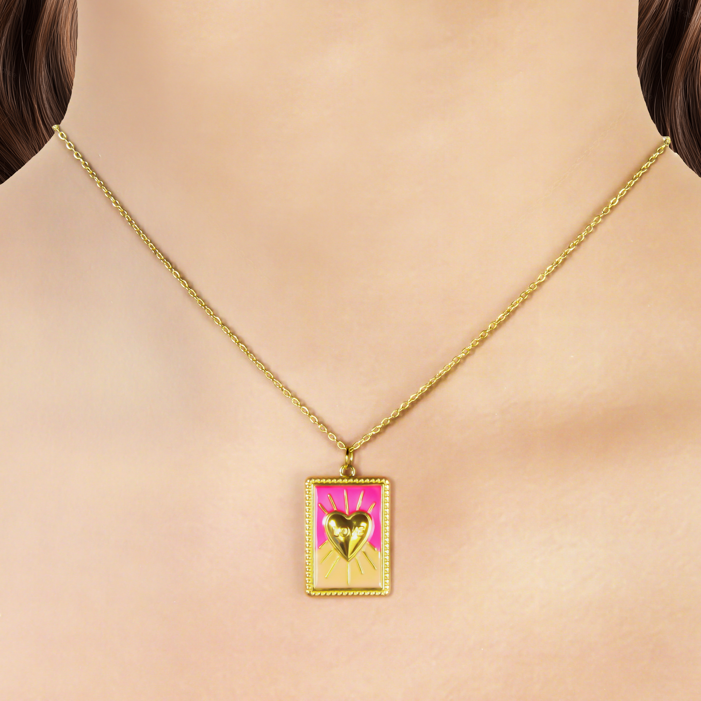 Collar Dorado Corazón en Cuadro Acero Inoxidable  1i3