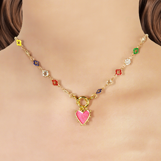 Collar Trébol de Corazón Colores Chapa de Oro 2xx1