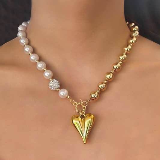 Collar Perlas Blancas y Doradas Corazon 2BB8