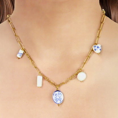 Collar Charms Cerámica Flor Azul  Acero Inoxidable 1M2