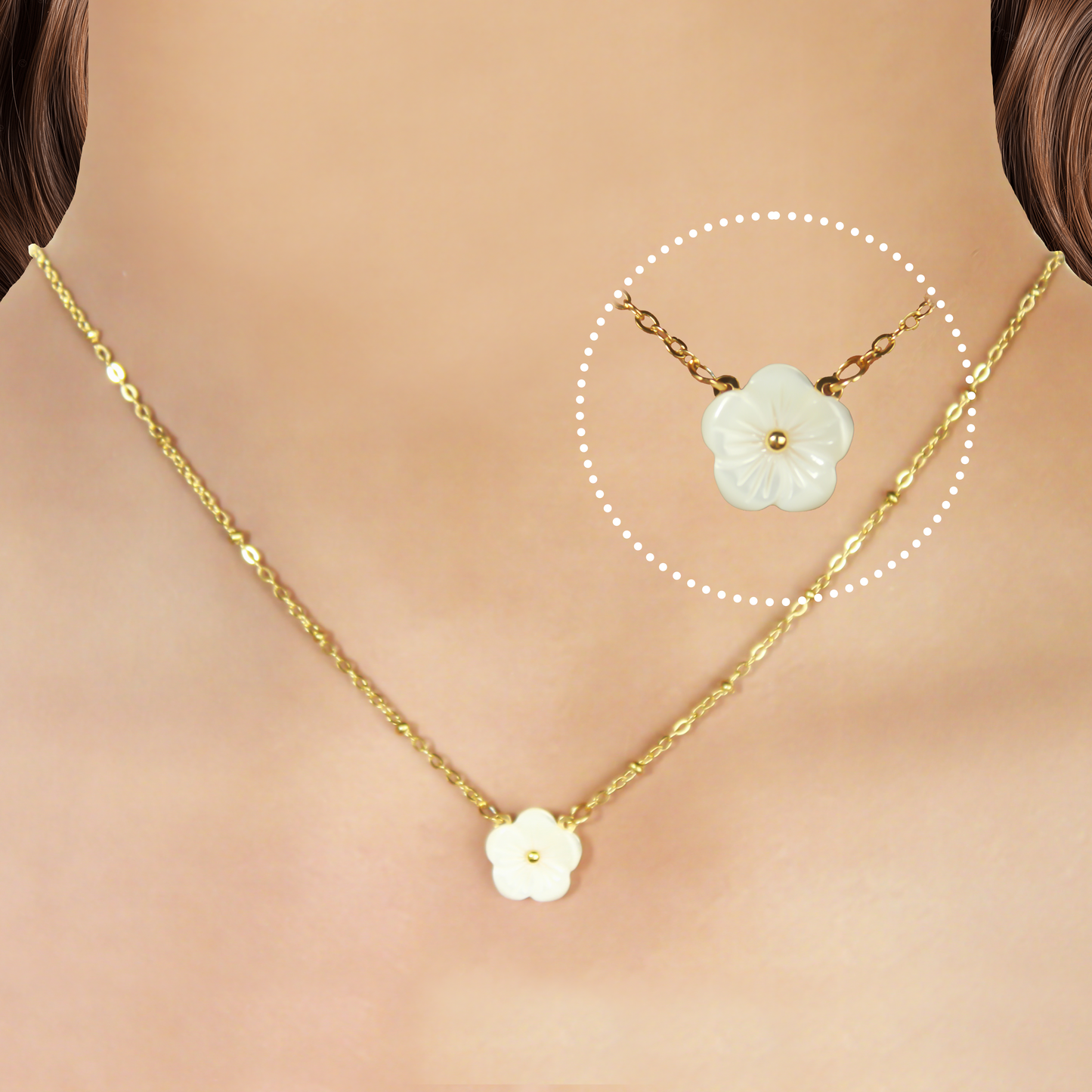 Collar Flor Concha Blanca Acero Inoxidable  3i2