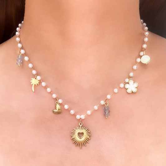 Collar Perlitas Charm Pez Flor Corazón Acero Inoxidable  1S7